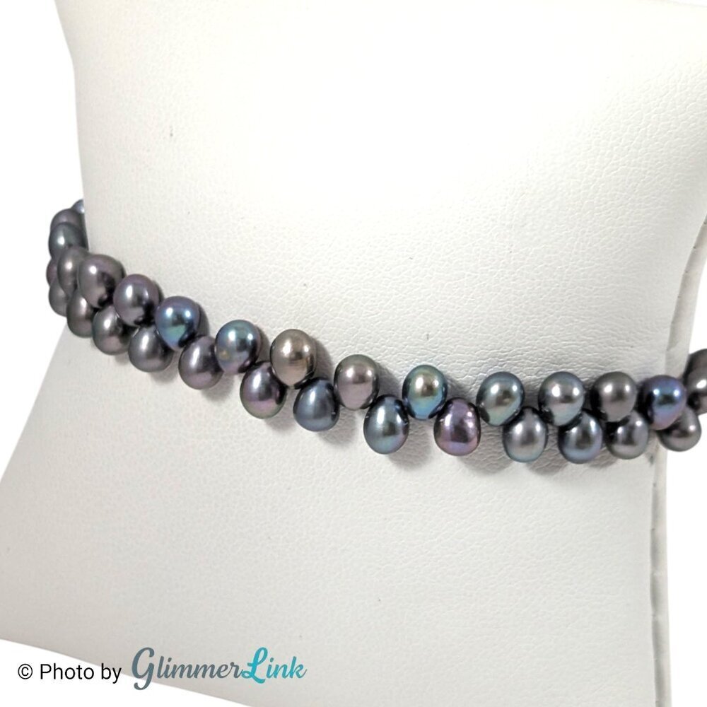 Sterling Silver 6.5" Black Freshwater Pearl Bracelet Double Row 925